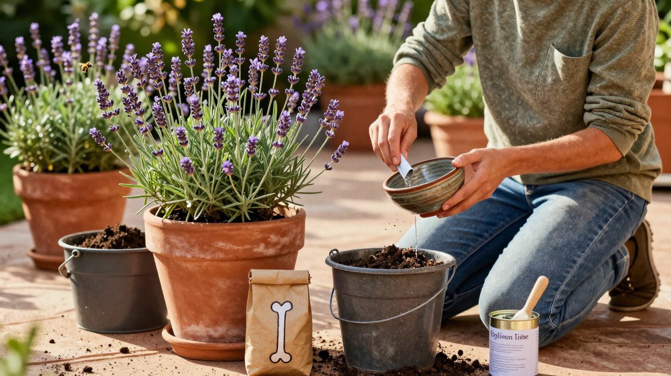 Person kneeling, planting lavender in pots outdoors on a sunny day with gardening supplies around.