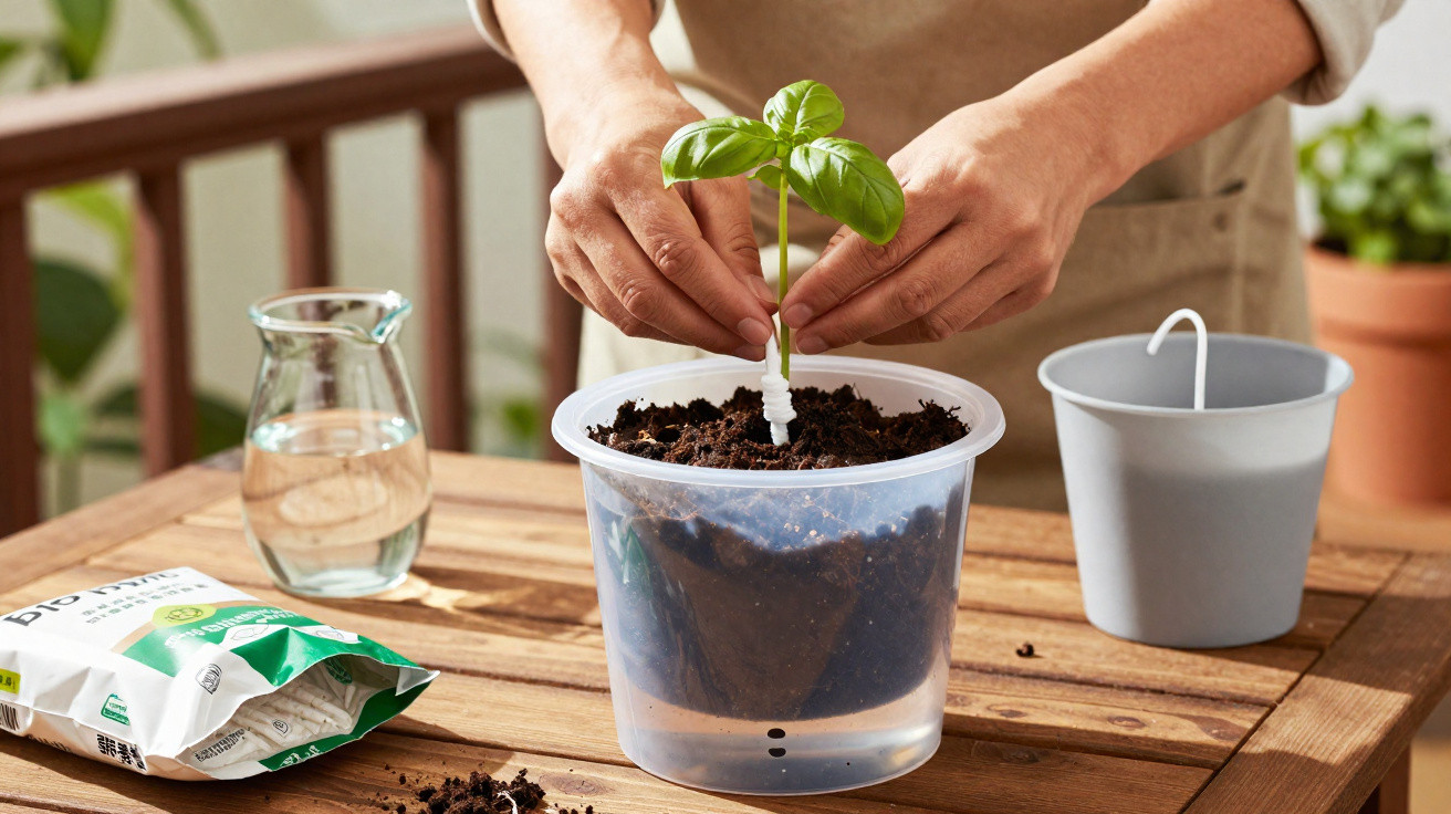 Person planting a small basil seedling in a transparent plastic pot on a wooden table.