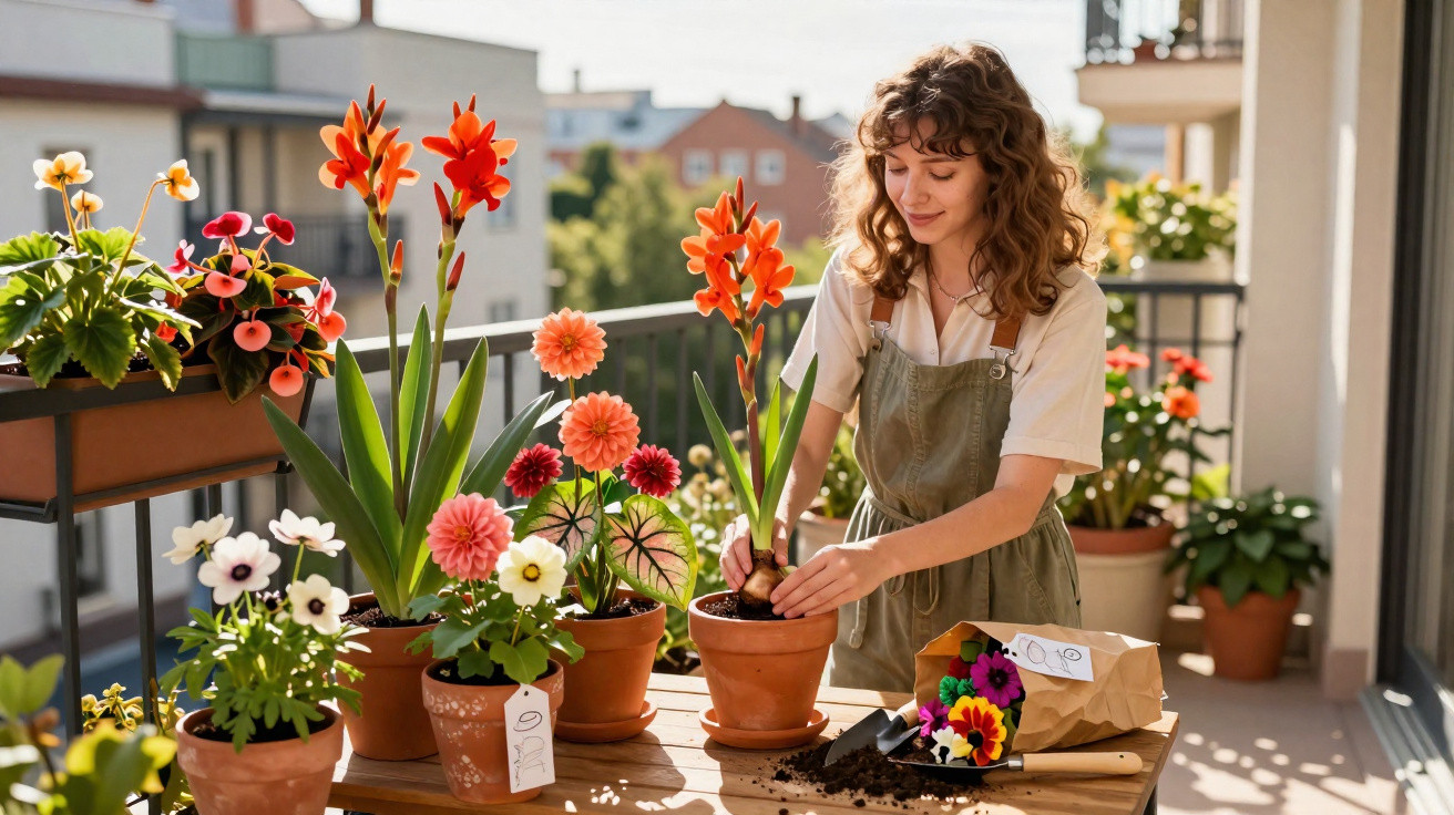 Young woman tending to potted flowers on a sunlit balcony with various colourful blooms and gardening tools.