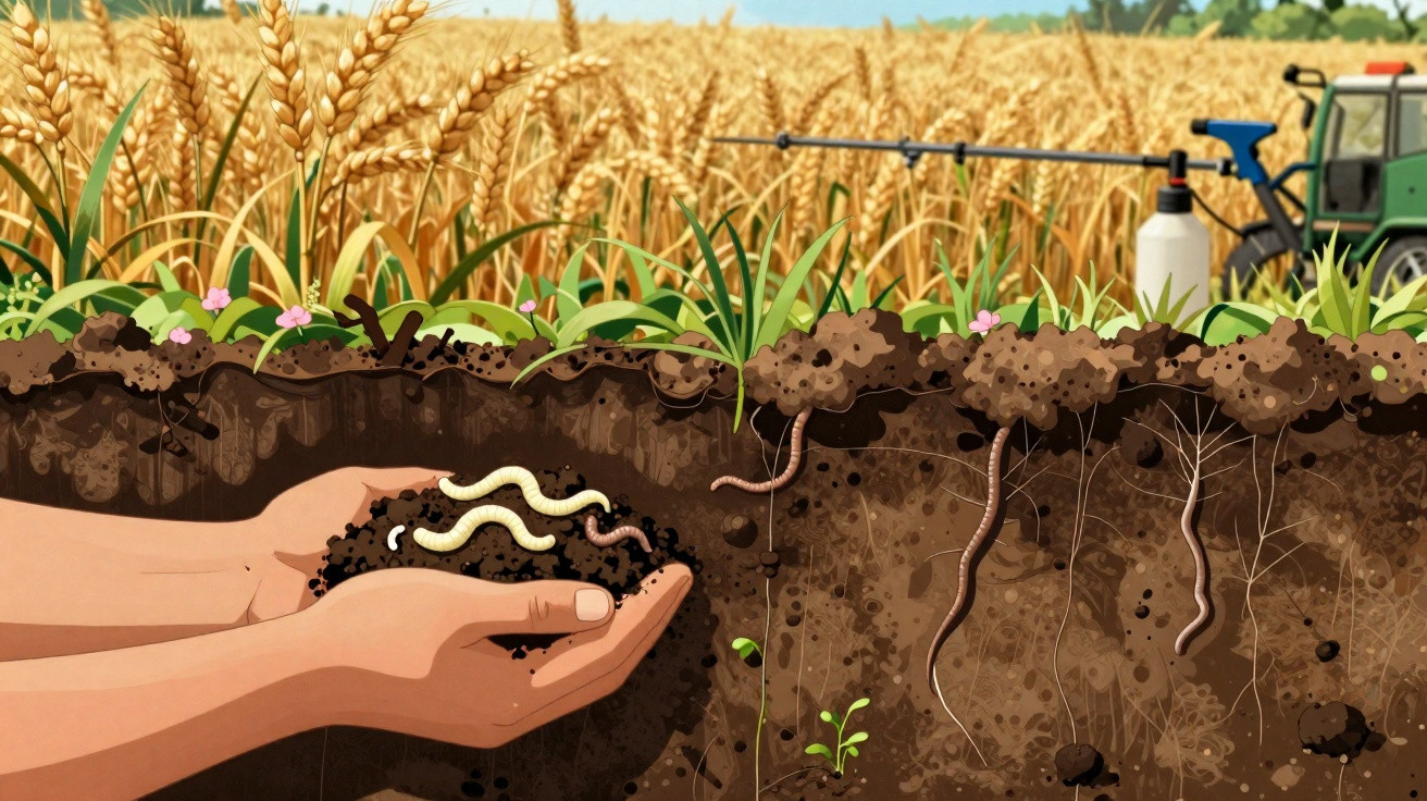 Hands holding soil with worms underground near a wheat field with tractor and sprayer in the background.