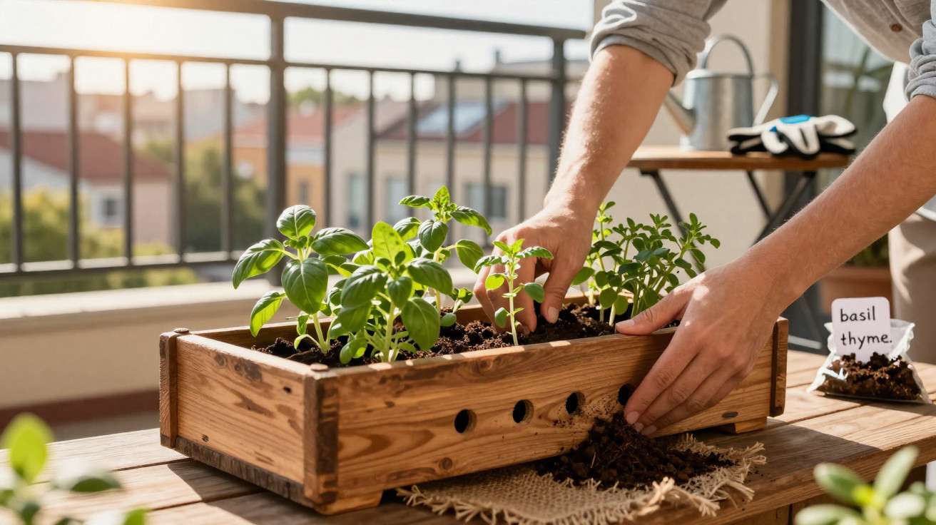 Person gardening with fresh herb plants in a wooden box planter on a balcony garden table.