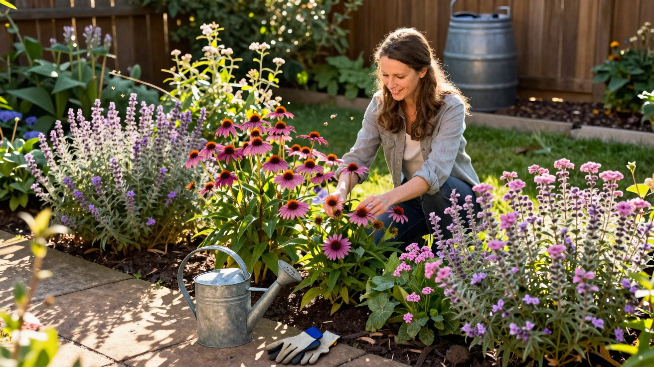 Woman tending to a colourful flower garden with a watering can and gloves on a sunny day.