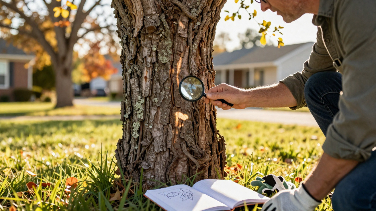 Person examining tree bark closely with magnifying glass in grassy yard during autumn.