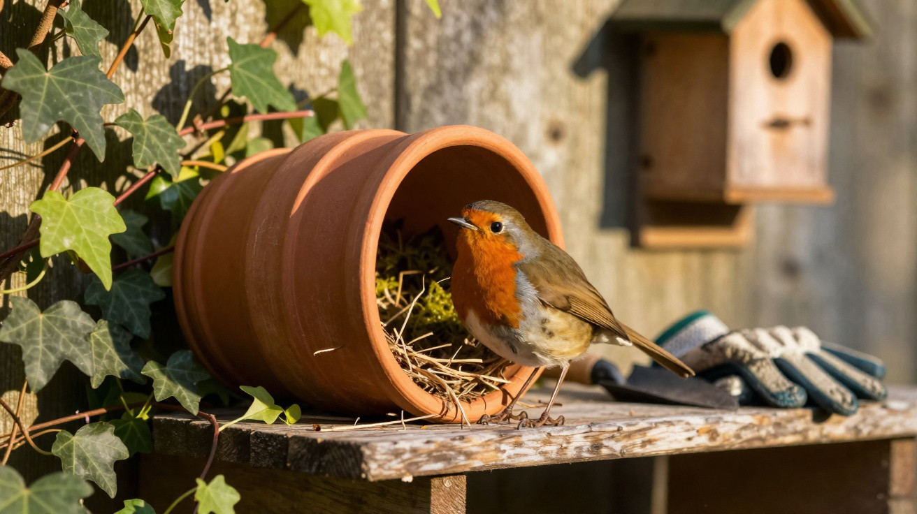 Robin perched on overturned terracotta pot with straw nest, gardening gloves, and birdhouse in sunlit garden.