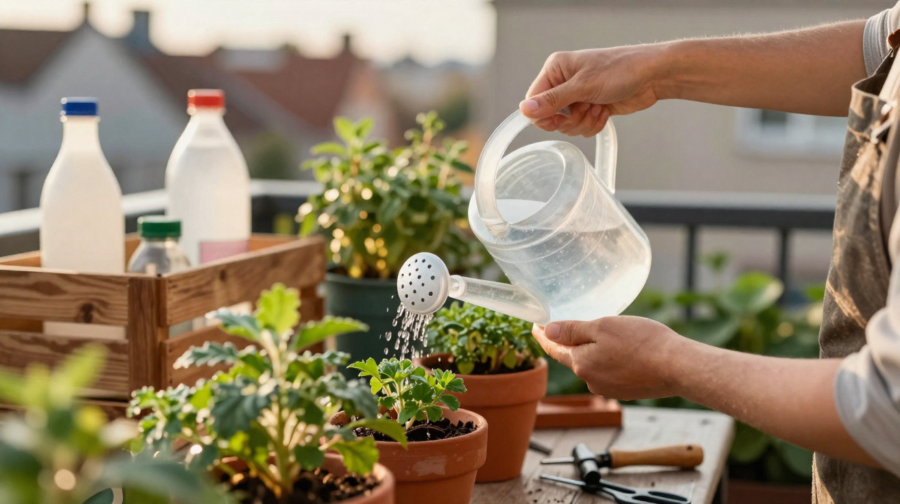 Person watering potted plants on a sunlit balcony with gardening tools and bottles nearby.