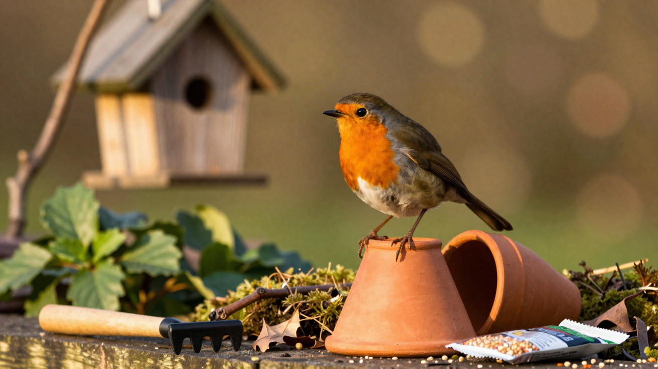 European robin perched on an upturned terracotta pot with garden tools and birdseed nearby.