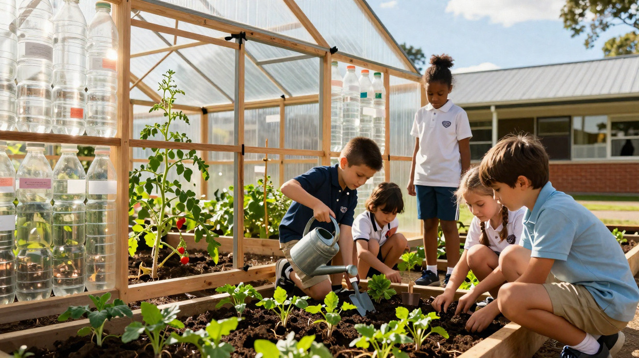 Children planting and watering vegetables in a school greenhouse garden on a sunny day.