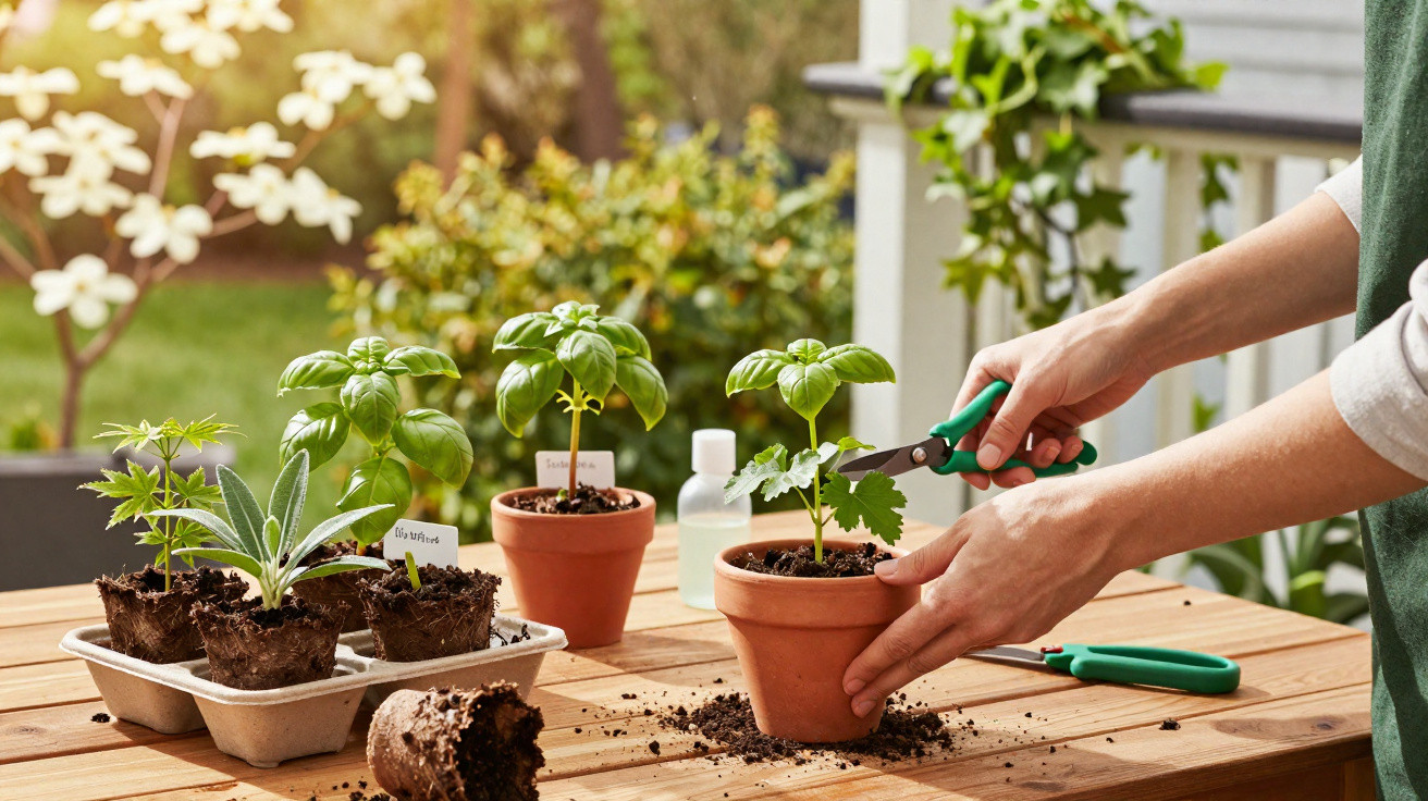 Person pruning young basil plants in terracotta pots on a wooden table outdoors with gardening tools nearby.