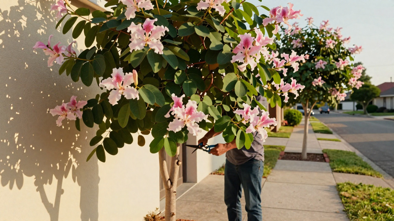 Person pruning pink-flowered trees along a suburban sidewalk in the golden hour sunlight.