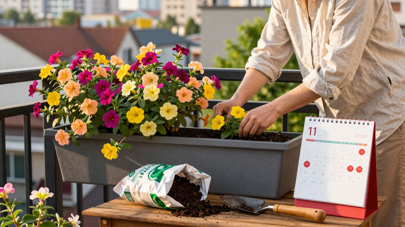 Person planting colourful flowers in a container on a balcony with soil, gardening tools, and a November calendar.