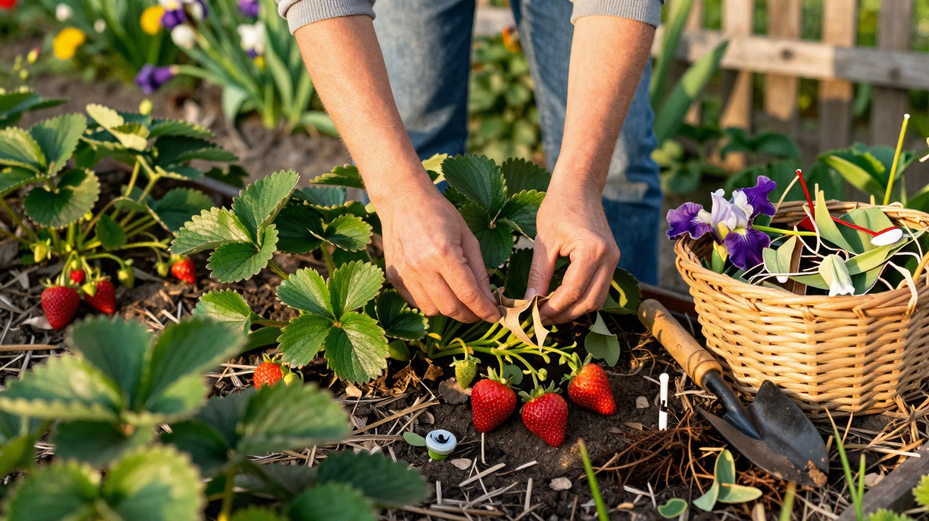 Hands picking ripe strawberries in a garden bed with a basket of flowers and gardening tools nearby.