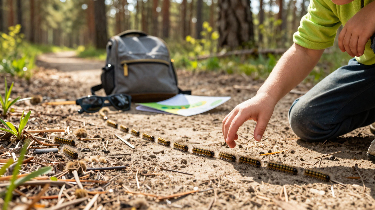 Child in a green shirt kneeling on forest path, observing a line of caterpillars with a backpack and sunglasses nearby.
