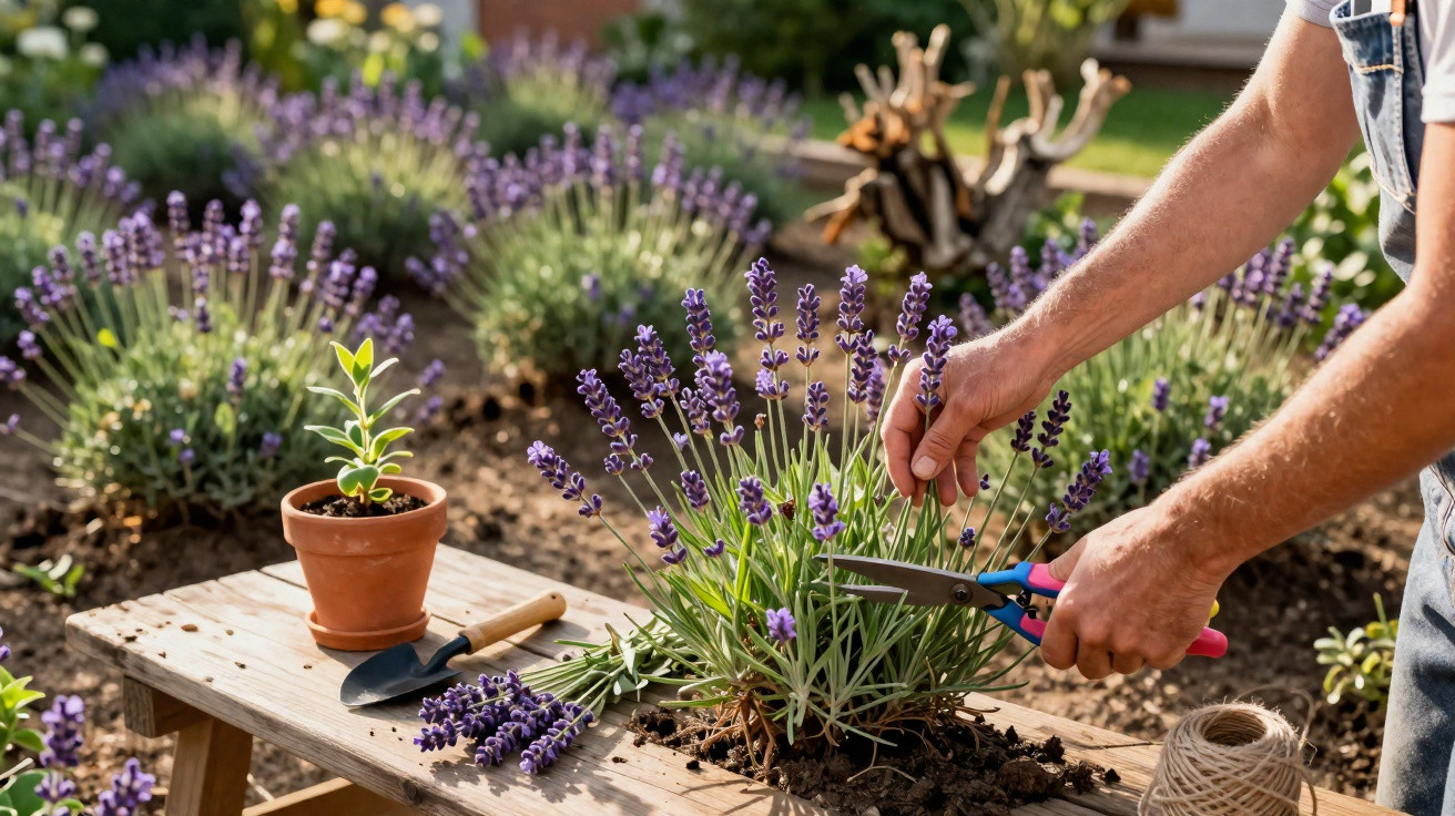 Person pruning lavender plants in a garden with gardening tools and a small potted plant on a wooden table.