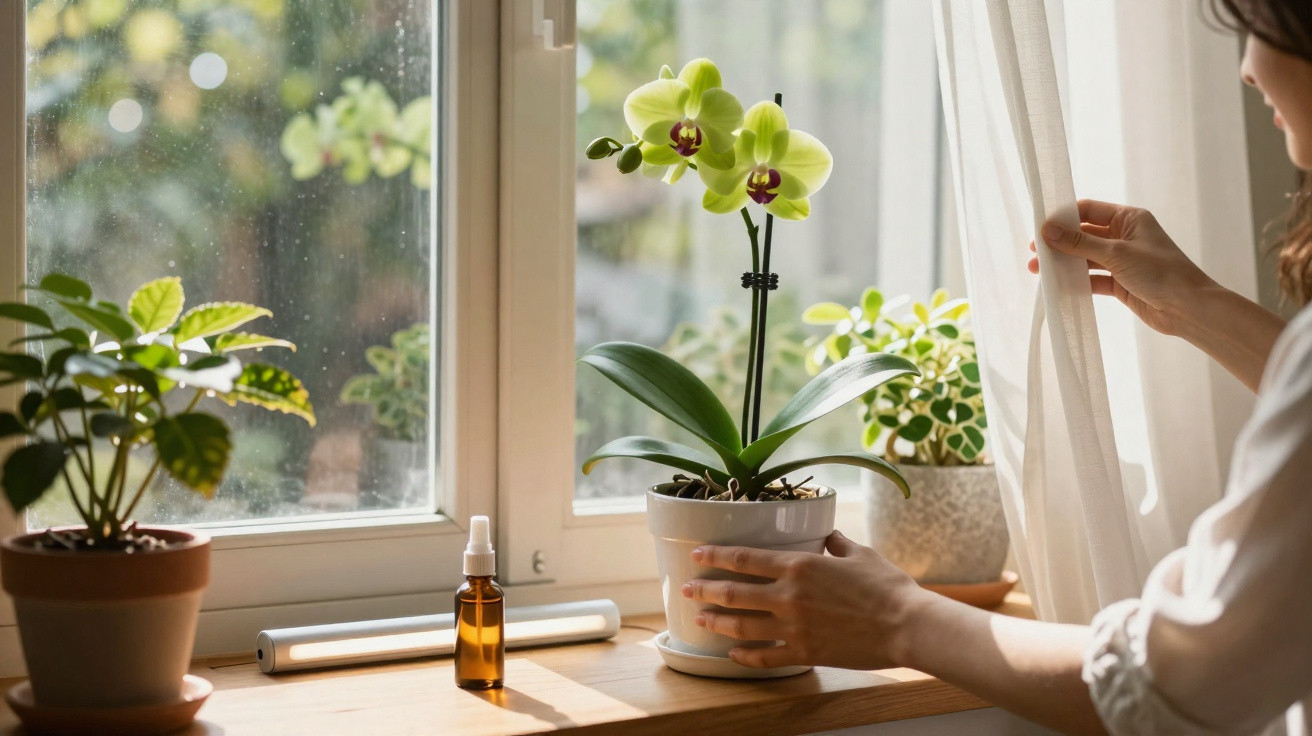 Person opening curtain beside a windowsill with potted plants and a small amber bottle in natural light.