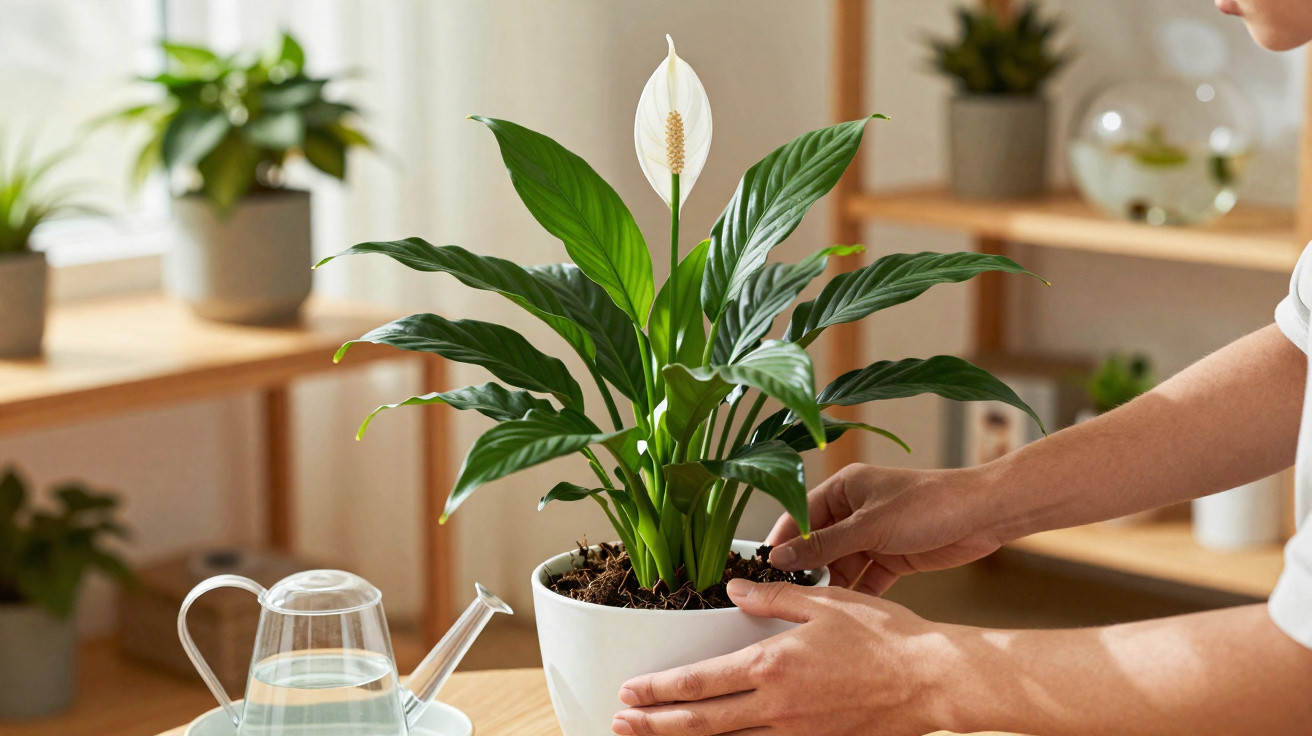 Person caring for a peace lily plant in a white pot on a wooden table with a clear watering can nearby