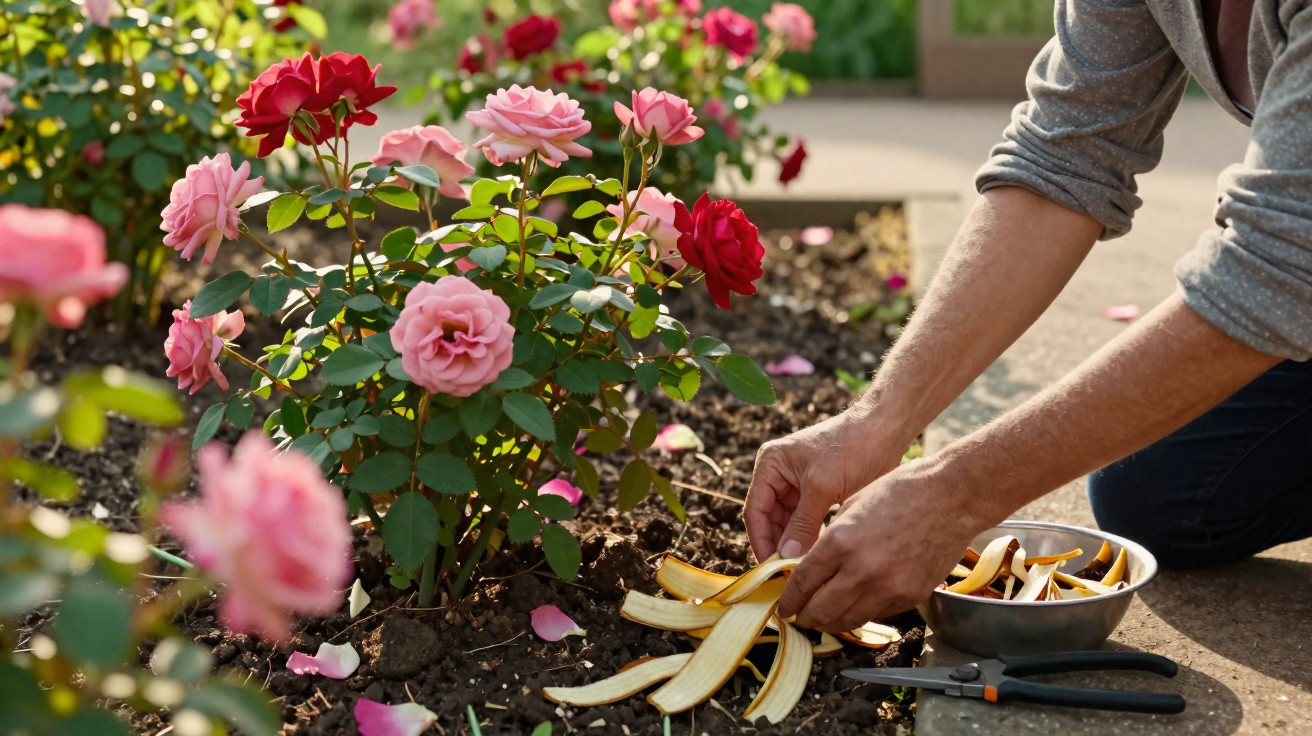 Person placing banana peels around blooming pink and red roses in a garden bed for natural fertiliser.