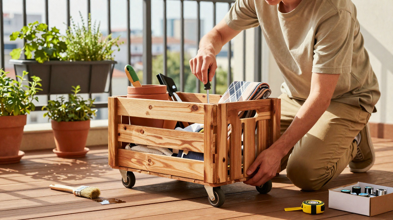 Person assembling a wooden crate on wheels with gardening tools and plants on a balcony.