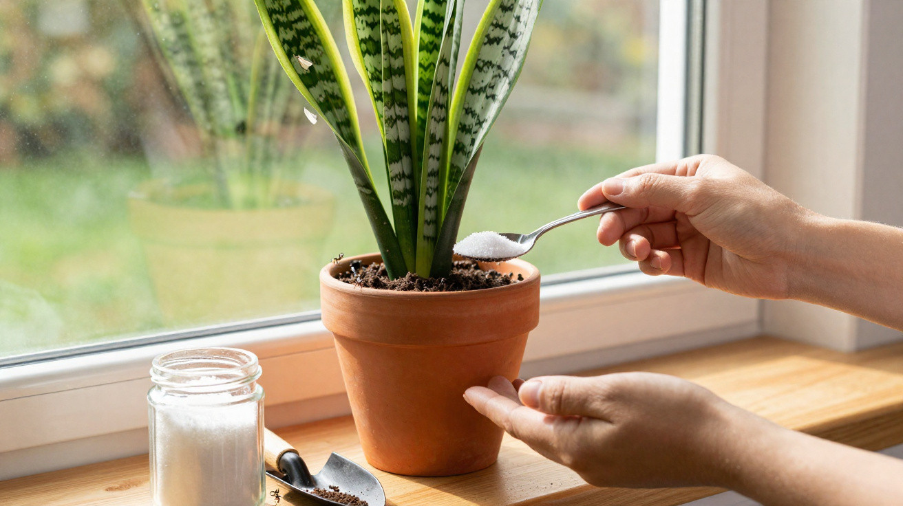 Hand holding a spoonful of white powder being added to soil in a terracotta pot with a snake plant by a window.