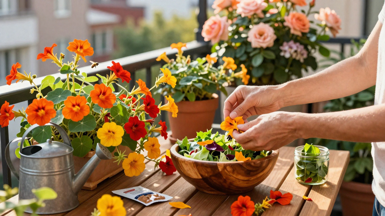 Person adding edible orange flowers to a fresh salad on a wooden table with flower pots and watering can.