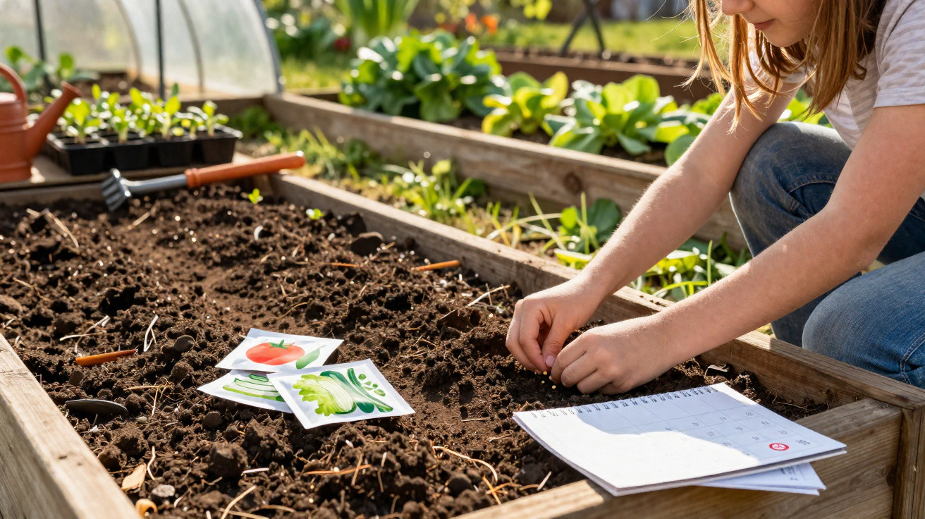 Child planting seeds in a raised garden bed with seed packets and a planting guide nearby on a sunny day.