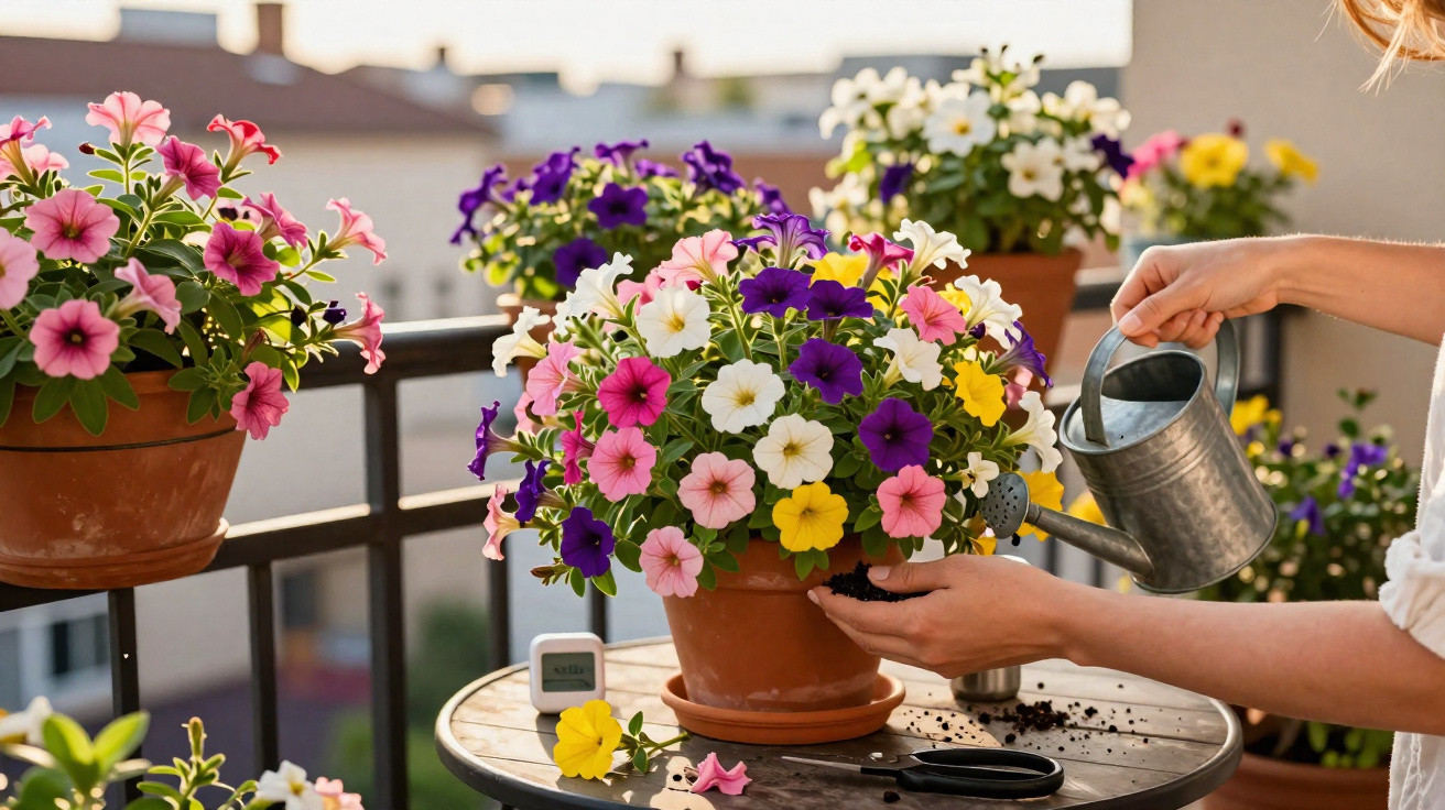 Person watering colourful petunias in terracotta pots on a sunny balcony garden table