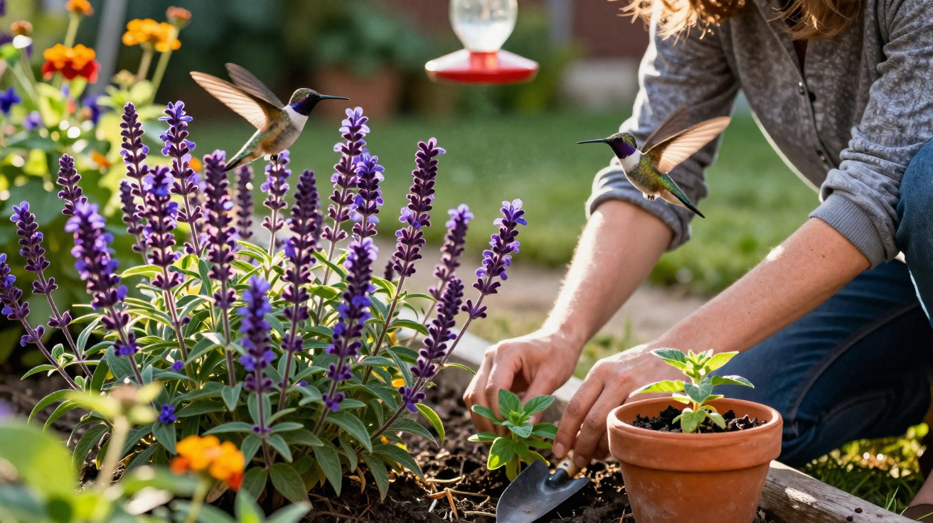 Person gardening with purple flowers and two hummingbirds hovering nearby in a sunlit garden.