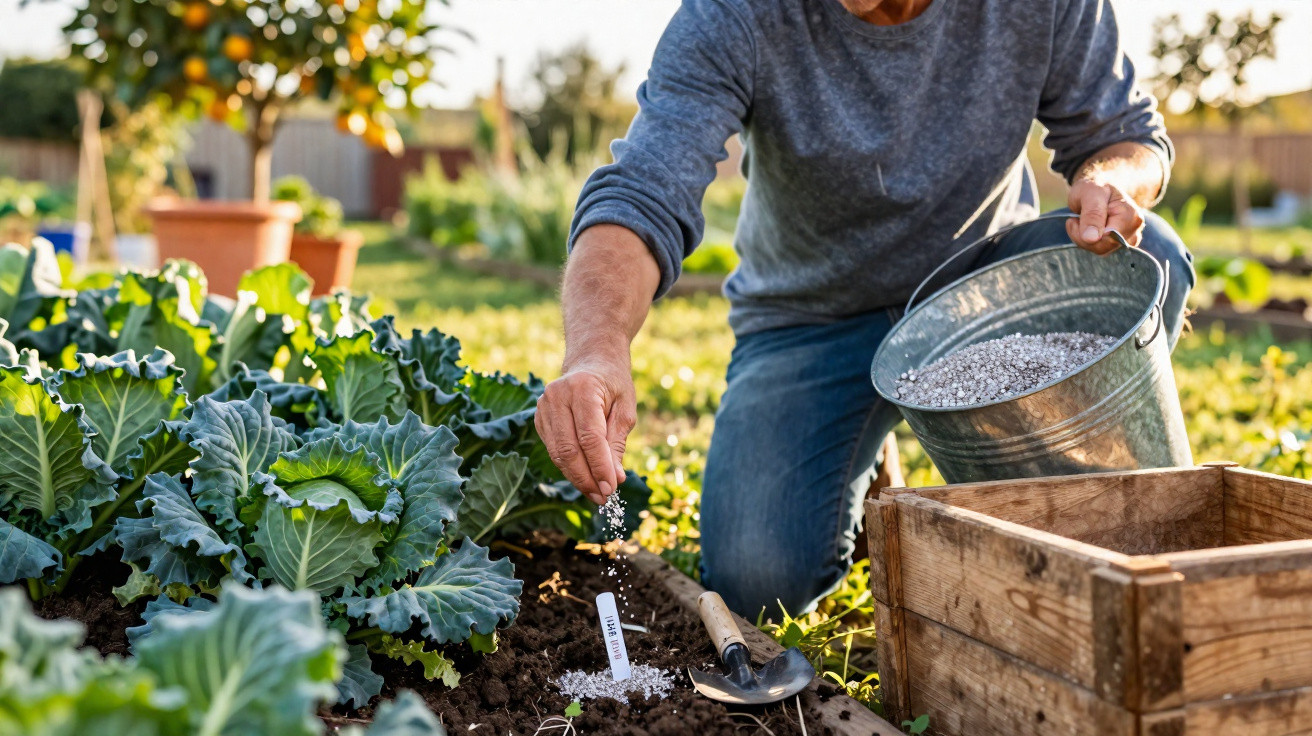 Person scattering fertiliser on soil near leafy green vegetables in a sunny garden.
