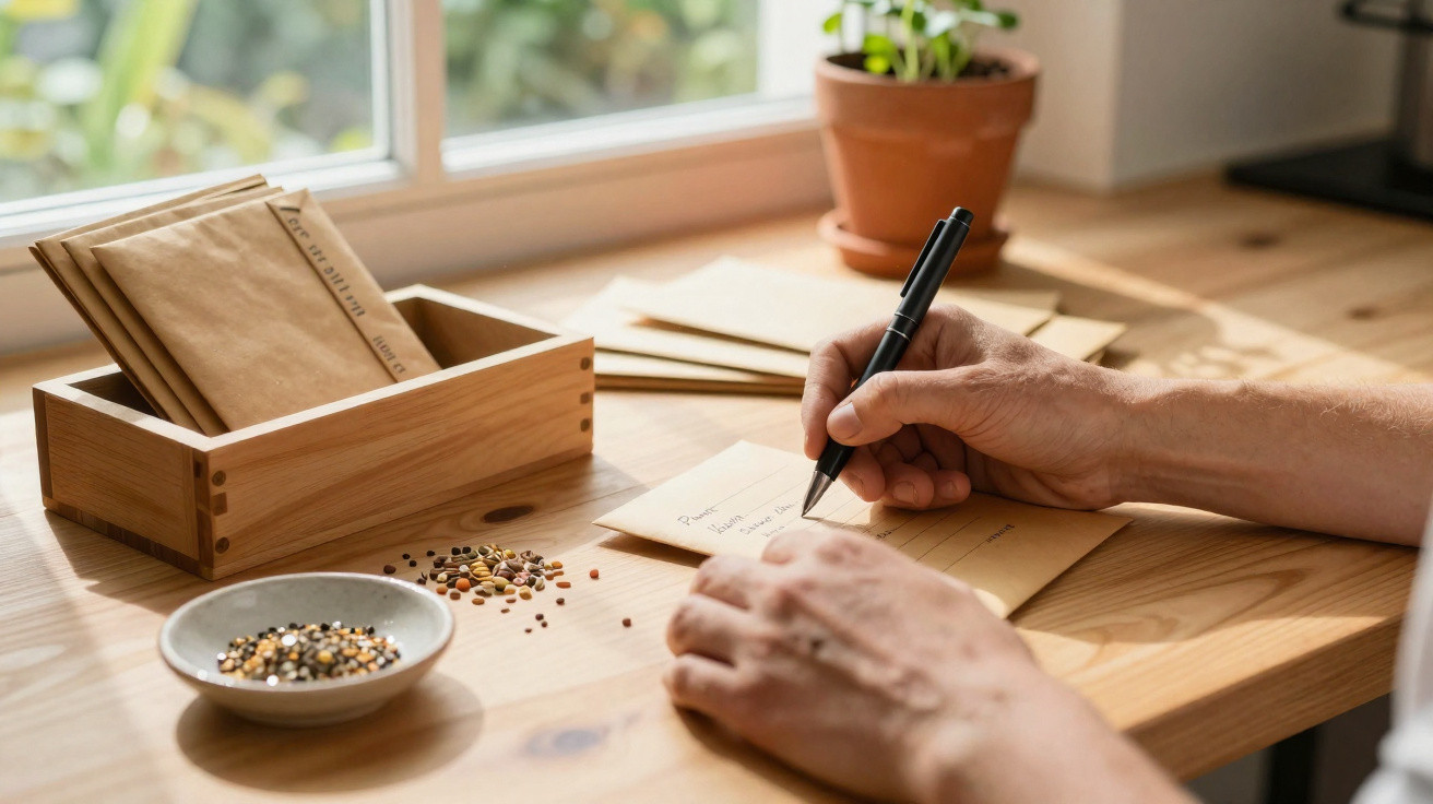 Person writing on seed packets on a wooden table with a wooden box and plant in background.