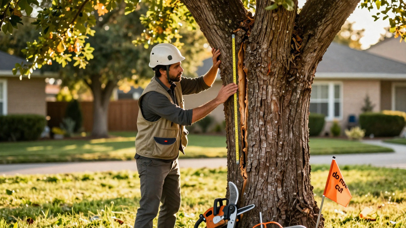 Arborist measuring a large tree trunk with a tape measure near equipment and a "do not cut" flag.
