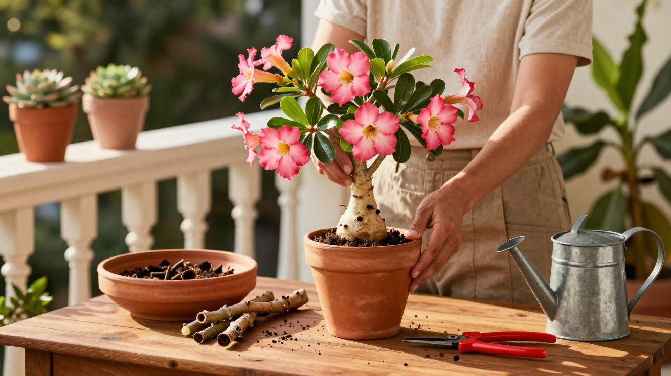 Person potting a pink flowering succulent on a wooden table with gardening tools and watering can nearby.