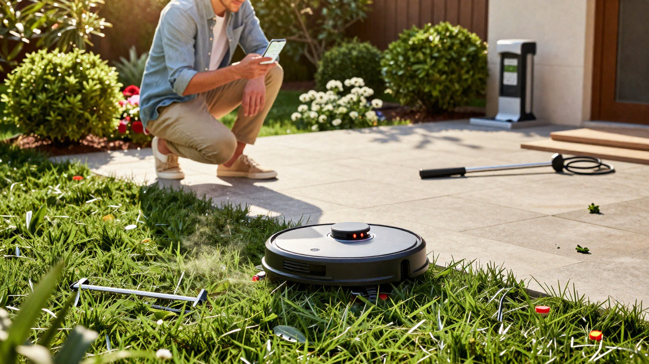 Man using smartphone to operate robotic lawn mower cutting grass in a sunny garden patio area