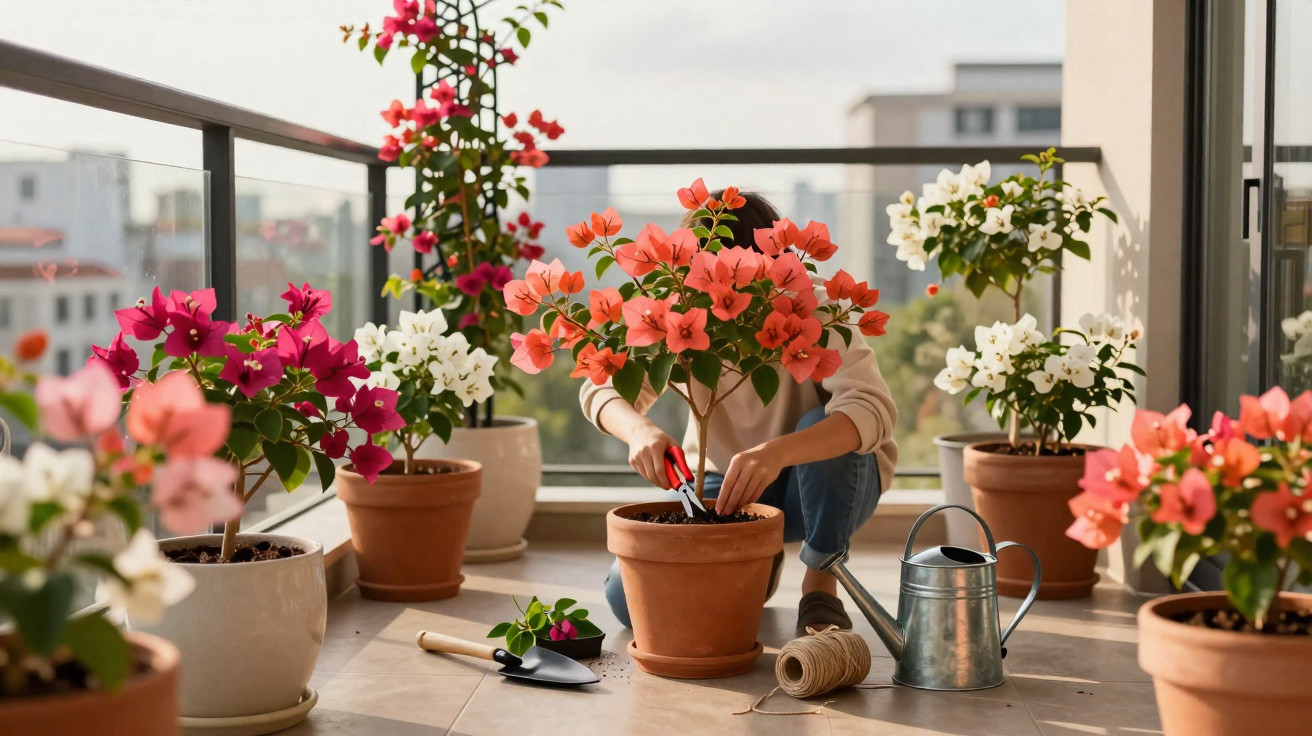 Person tending to vibrant flowering plants on a sunny balcony with gardening tools and watering can nearby