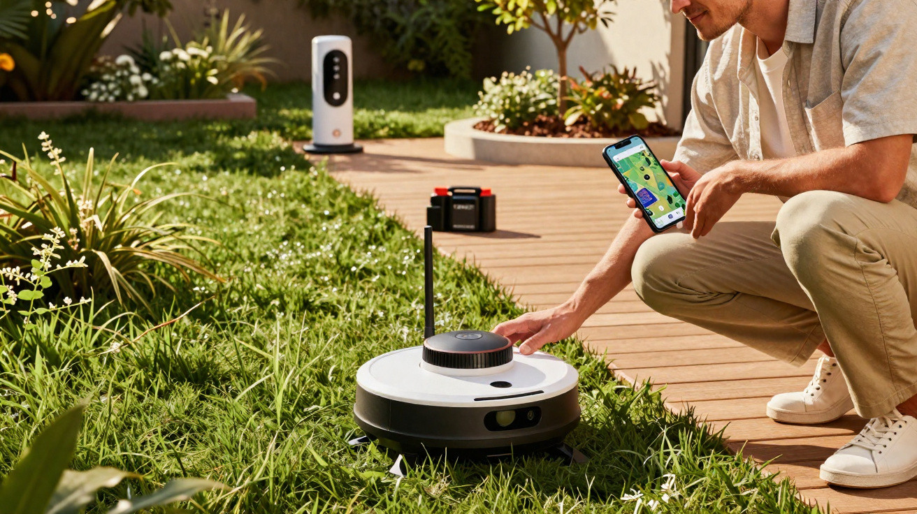 Man controlling robotic lawn mower with smartphone in garden next to wooden deck on sunny day