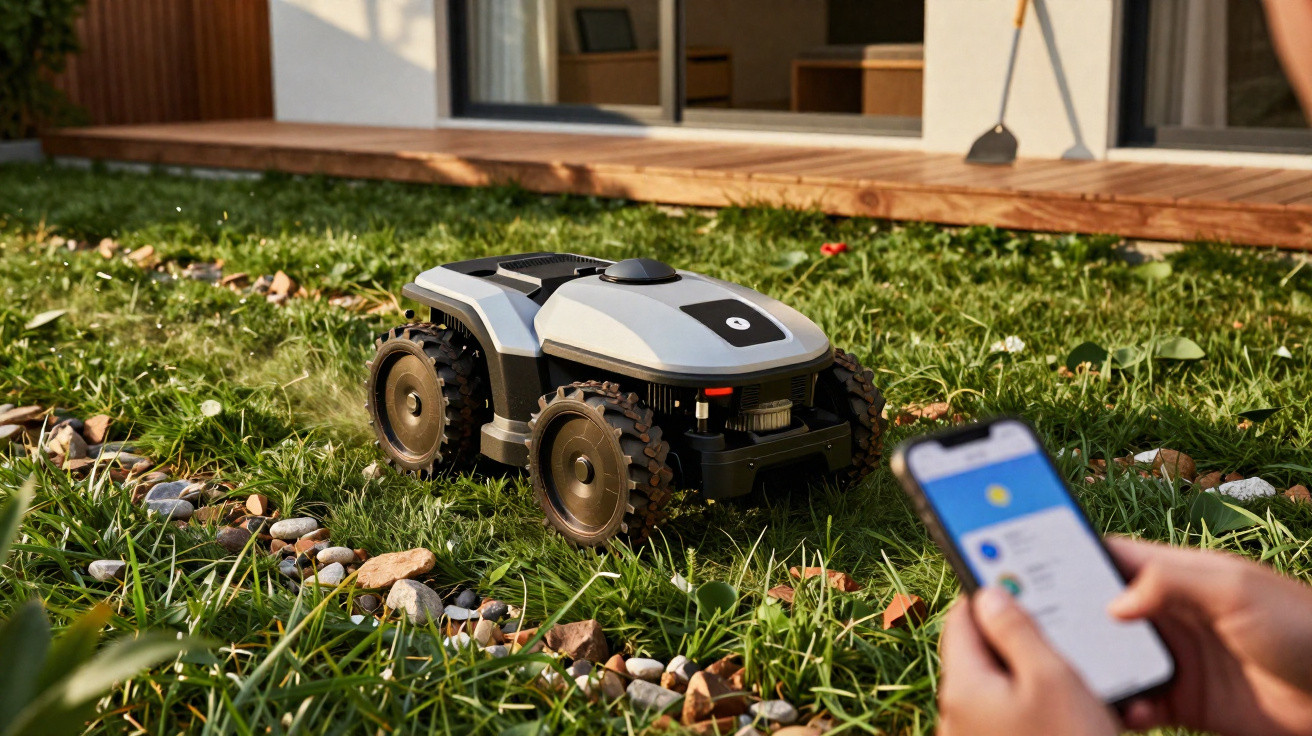 Robot lawn mower cutting grass on a garden lawn with person controlling it via smartphone app.