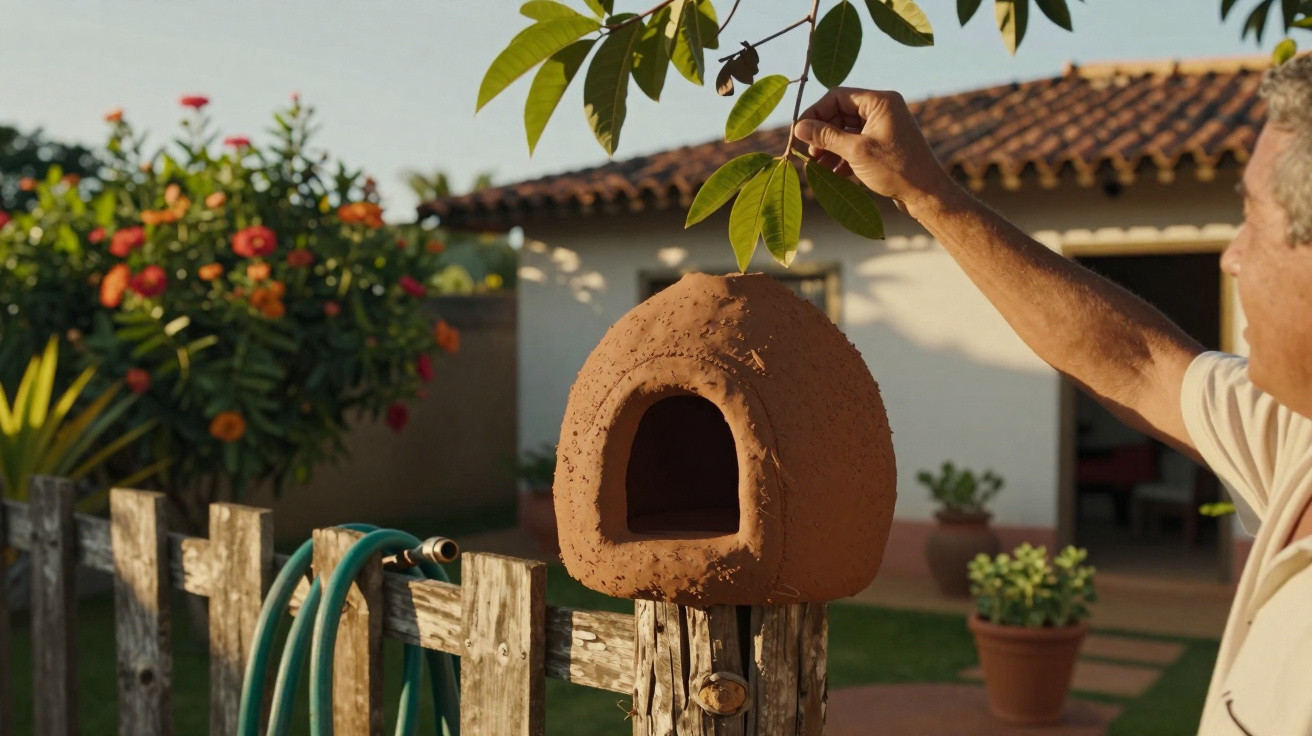 Hand reaching to touch leaves above a rustic clay oven on a wooden post in a sunny garden setting.