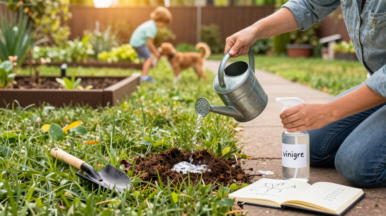 Person watering soil with a metal watering can beside a bottle labelled "vinigre" and a gardening notebook.