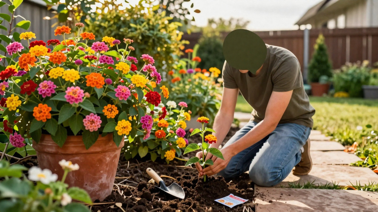Person gardening, kneeling on a path, planting colourful flowers in a sunny garden bed next to a large flower pot.