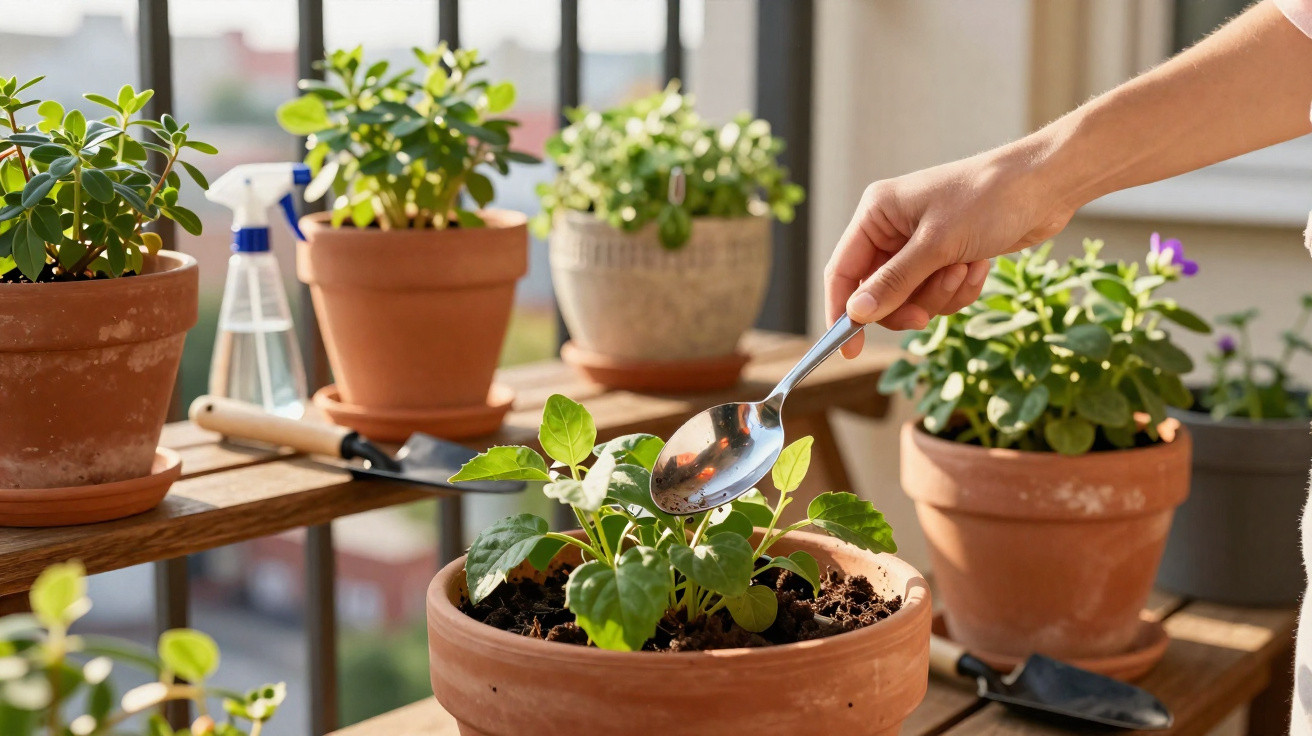 Hand watering young plant with a spoon in terracotta pot on sunlit balcony with other potted plants.