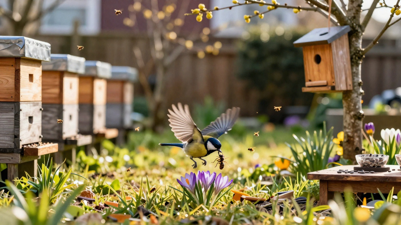 Great tit bird flying with an insect in its beak near beehives in a garden with spring flowers.