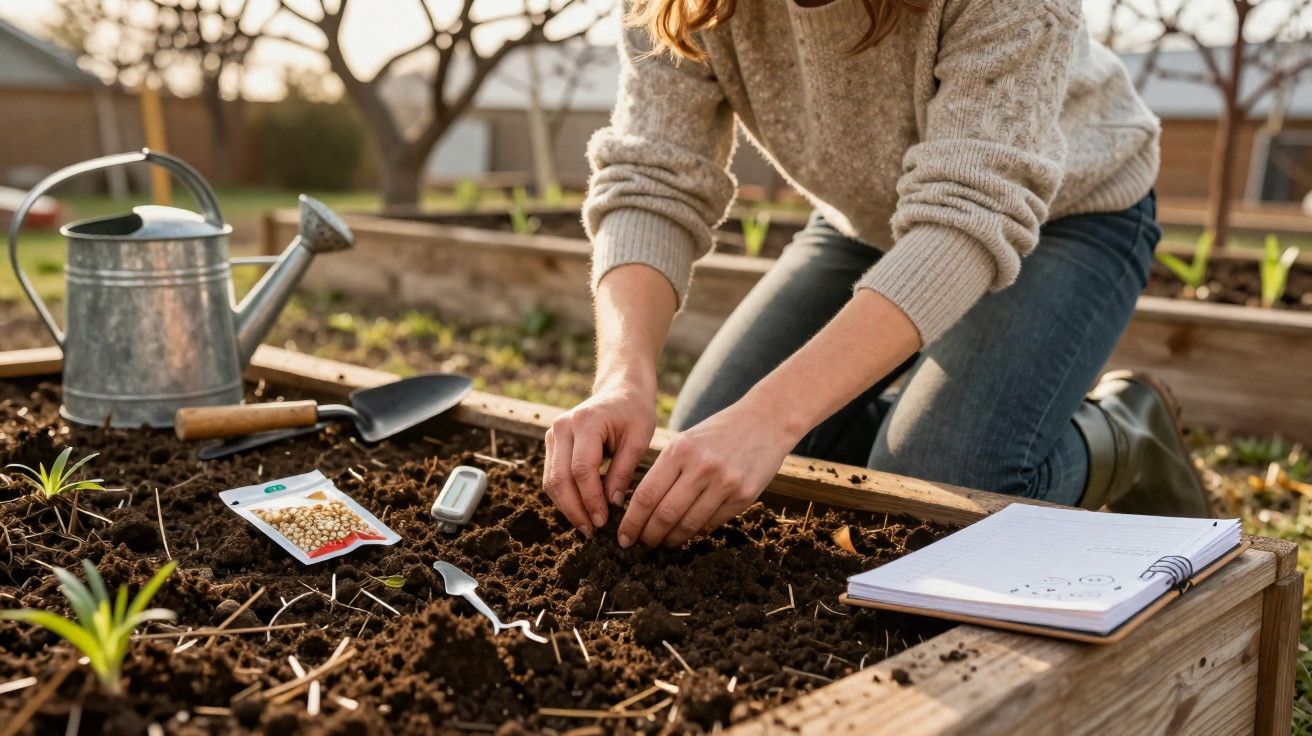 Person planting seeds in a raised garden bed with gardening tools and a notebook nearby in sunlight.