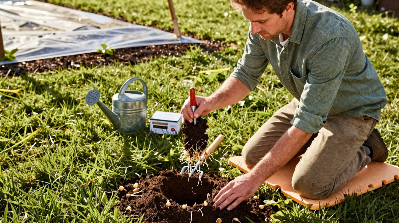 Man kneeling on a mat planting seeds in soil outdoors with gardening tools and a watering can nearby.