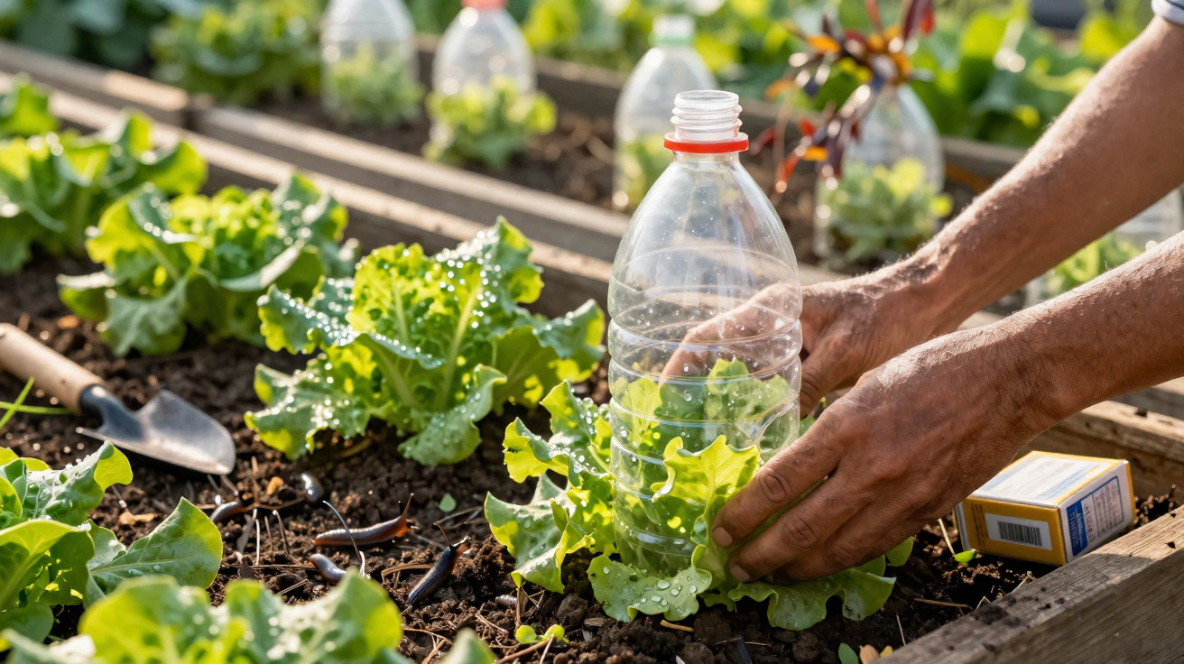 Hands placing a plastic bottle over a lettuce plant in a raised garden bed with gardening tools nearby.
