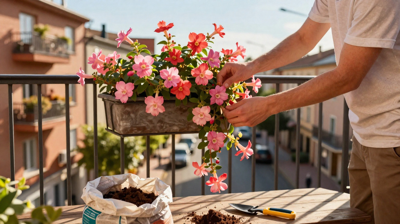 Person tending to pink and red flowers on a balcony with gardening tools and soil on a wooden table.