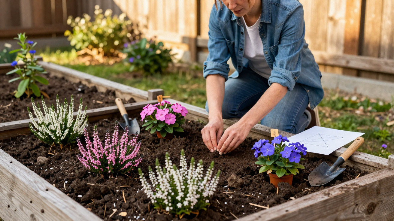 Person planting flowers in a raised garden bed with gardening tools and plant labels nearby.