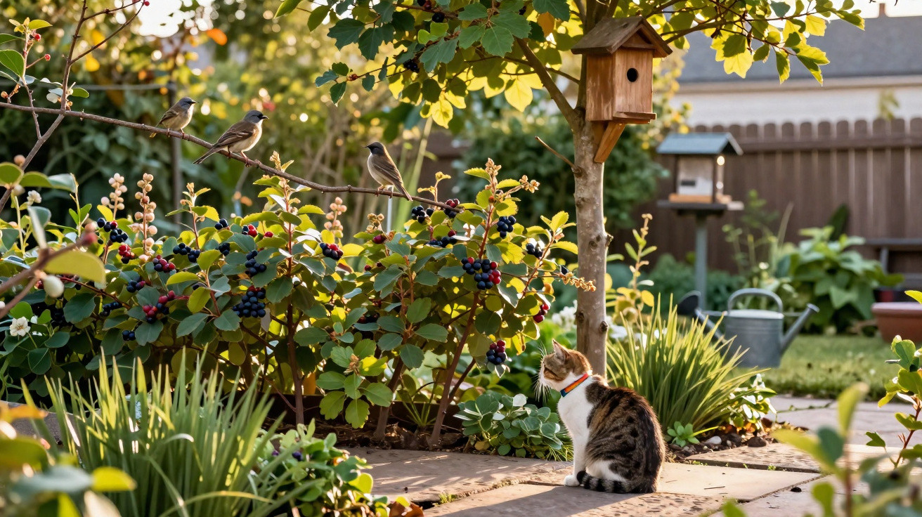 Tabby cat sitting on garden path watching birds perched on berry bush under birdhouse in sunshine.