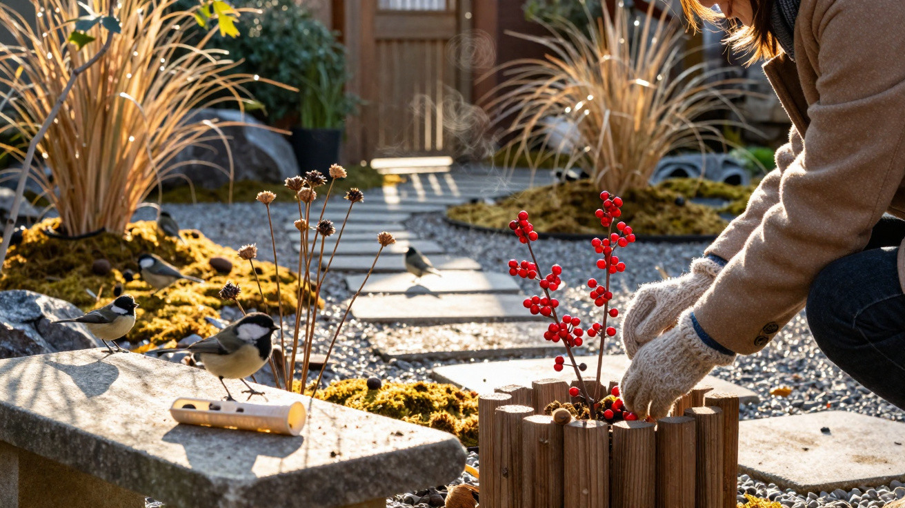 Person wearing gloves arranging red berries in a wooden planter in a sunlit Japanese-style garden with birds nearby.