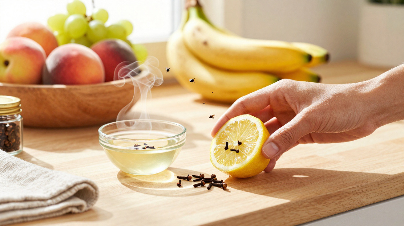 Hand holding lemon with cloves on wooden kitchen surface, steaming bowl with cloves, fruit bowl and bananas in background.