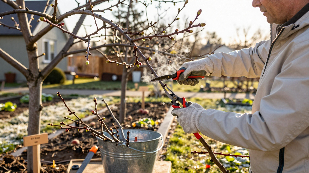Person pruning a budding tree branch with secateurs in a garden on a chilly morning.