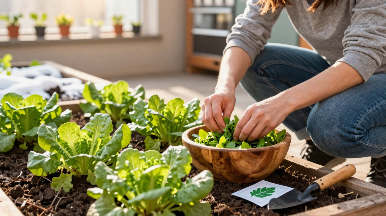 Person harvesting fresh leafy greens from a garden bed into a wooden bowl in a sunlit room.