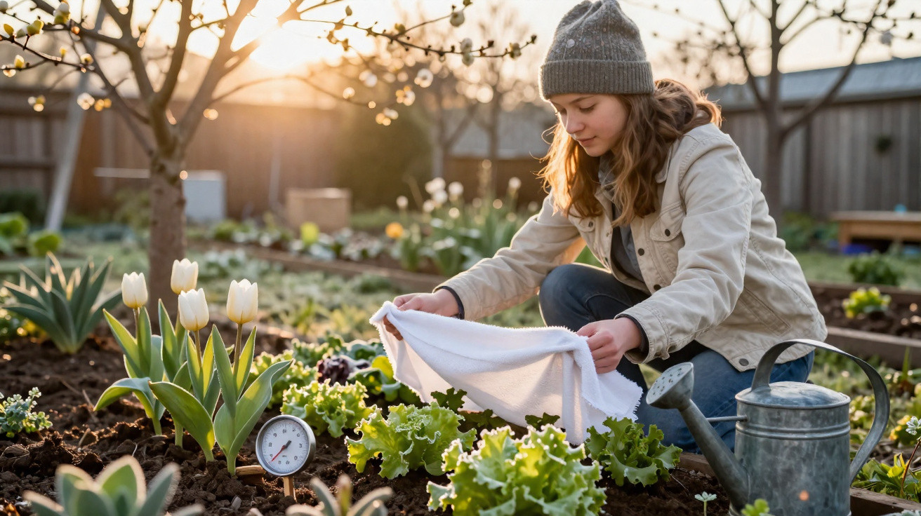 Young woman in a beanie tending to a vegetable garden, covering lettuce plants with a cloth at sunset.